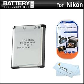 Battery Kit For Nikon COOLPIX S6400, S100, S4300, S3300 Digital Camera Includes Extended Replacement (1000Mah) EN-EL19 Battery + LCD Screen Protectors + MicroFiber Cleaning Cloth