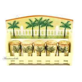 Palm Trees Wooden Spice Rack..Matching Palm tree mugs and Salt N Pepper Shakers also... by Clocks