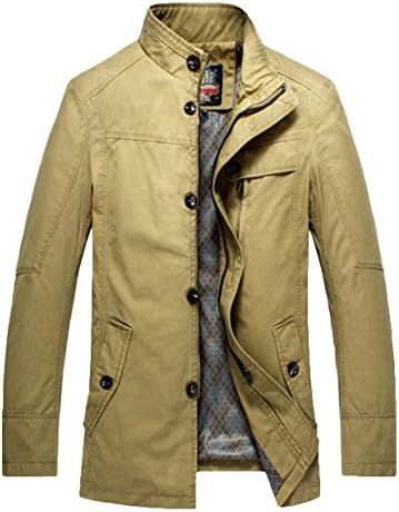FGYP Men's Slim Fit Pure Color Zip Fall Windbreaker Jacket Green Cotton Coat L