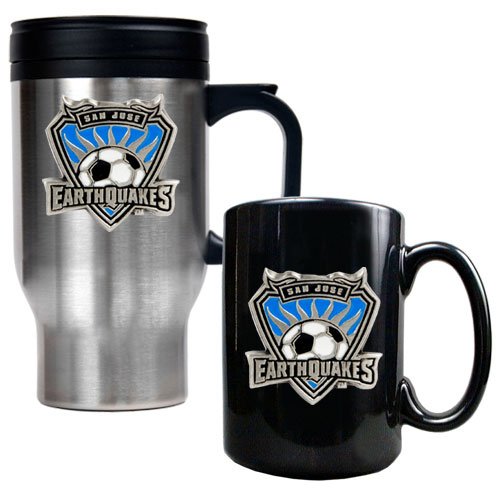 San Jose Earthquakes MLS Stainless Steel Travel Mug and Black Ceramic Mug Set - Primary Team Logo