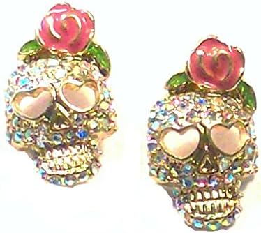 Goth Skulls with Roses Bright Pave Medium Stud Earrings New in Gift Box