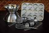 Deluxe 10 (Ten Piece) Industrial Grade Stainless Steel Funnel Bakeware Set with Wide Mouth. Large, Medium, Small Funnels, Spatula, Mixer, Two Bowls and 12 Hole Cookie Sheet