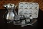 Deluxe 10 (Ten Piece) Industrial Grade Stainless Steel Funnel Bakeware Set with Wide Mouth. Large, Medium, Small Funnels, Spatula, Mixer, Two Bowls and 12 Hole Cookie Sheet