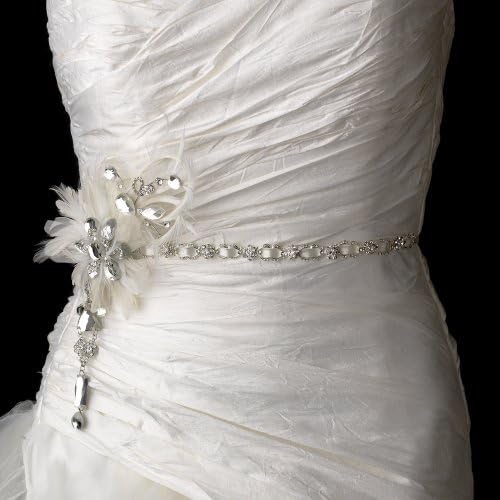 Couture Crystals Feather Fascinator Wedding Bridal Sash Belt - White