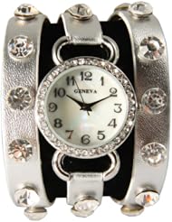 Metallic Silver Wrap Around Watch with Bling Sparkly White Rhinestones