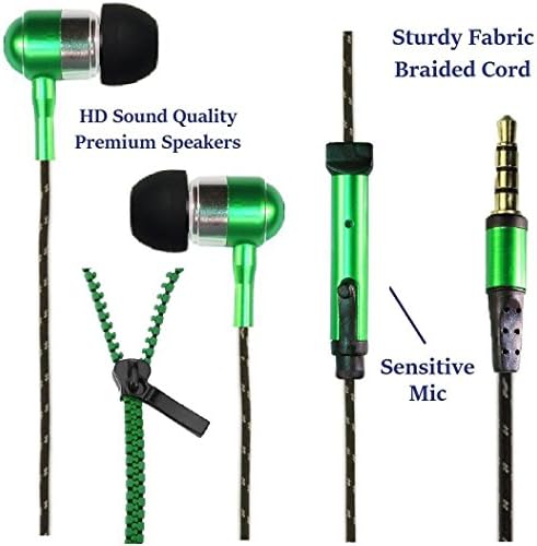 Meral® Fabric Braided 3.5mm Stereo Headset Premium Nylon Tangle Free Headphones with Play / Pause Key Remote Controller & Built-in Microphone - Green