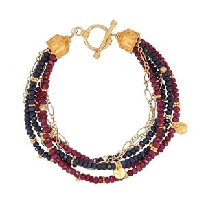 Elegant Ruby and Sapphire Multi Strand Gemstone Beaded Bracelet with Ornate Gold Vermeil Ends, 8 1/2" Length, #7561