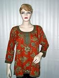Thanksgiving Gift Womans Brick Red Crepe Printed Indian Hippie Tunic Kurti L