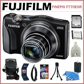 Fujifilm FinePix F770EXR 16MP Digital Camera with 20x Optical Zoom and 3-inch LCD Screen in Black + 32GB SDHC + Card Reader + Replacement Battery Pack + Mini HDMI Cable + Camera Case + Accessory Kit