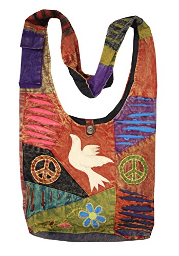 Boho Bohemian Recycled Ripped Razor Cut Patch Peace Om Signs Sling Crossbody Monk Bag Purse Nepal