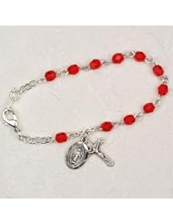 July Birthstone, Sterling Silver 5 1/2" L Red Ruby Baby Bracelet, Infant Jewlery, Girls Rosary Bracelet, Crucifix Cross & Miraculous (St. Mary) Charms
