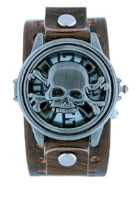 Nemesis Spinning Skull With Brown Leather Cuff Watch