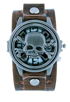 Nemesis Spinning Skull With Brown Leather Cuff Watch