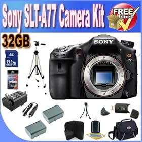 Sony A77 24.3 MP Digital SLR with Translucent Mirror Technology (Body Only) W/32GB SDHC Memory + 2 Extended Life Batteries + Ac/Dc Rapid Charger + USB Card Reader + Memory Card Wallet + Deluxe Case w/Strap + Full Size Tripod + Accessory Saver Bundle!