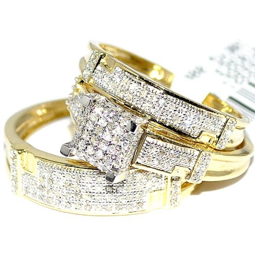 Yellow Gold Trio Wedding Set Mens Women Rings Real 0.5ct Diamonds Pave