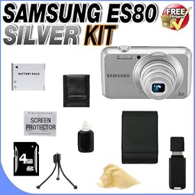 Samsung ES80 12.2-Megapixel Compact Digital Camera Silver + 4GB SDHC Memory Card + SLB70A Battery + Samsung Deluxe Case + USB Card Reader + Memory Card Wallet + Accessory Saver Bundle!