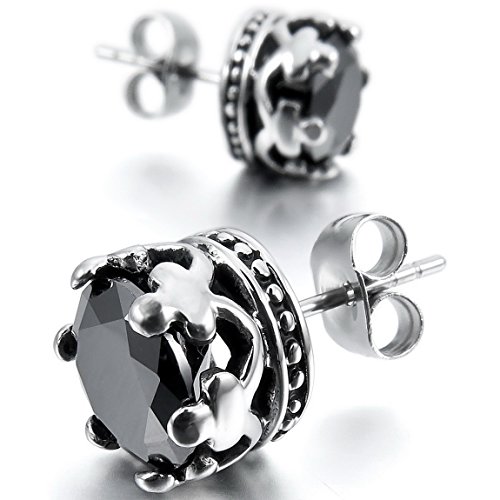 Men's 2 PCS Stainless Steel Stud Earrings CZ Silver Tone Black Royal King Crown Set