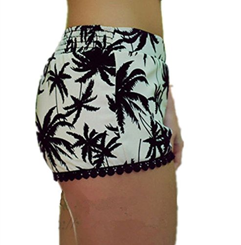Women's Small Balls Tassel Edge Floral Print Beach Shorts,Yellow/Green