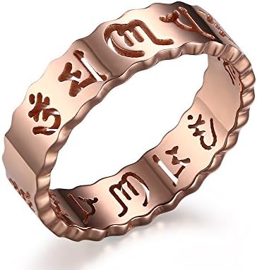 Quubb Women Stainless Steel Hollow Out Om Mani Padme Hum Mantra Buddhist Rings, Rose Gold Plated (Size 7)
