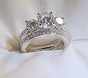 Large Antique Estate Style 3 Stone Cz Wedding Ring Set 14k White Gold 925