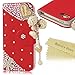iPhone SE 5S 5 Wallet Case,Mavis's DiaryÂ 3D Handmade Bling Crystal Love Heart Pendant Sparkle Diamond Flower PU Leather with Credit Card Holder Design Folio Case Cover for iPhone SE /5S 5 (Red)