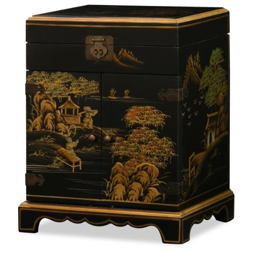 Chinese Jewelry Cabinet - Black Lacquer Chinoiserie Design