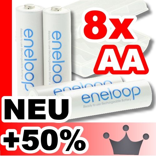 8 x Sanyo Eneloop Mignon Akkus Batterien AA in speziellen, robusten Akkuboxen der Akku Onlinehandel GmbH NEUESTE VERSION HR 3UTGA 50% mehr LEBENSDAUER bis 1500 LADEZYKLEN Erfahrungen günstig Sanyo Akku