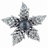 Silver Tone Black Rhinestone Flower Pin Brooch