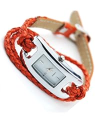 Fashion Womens Quartz Square Dial Weave Wrap Fuax Leather Bracelet Watch Orange