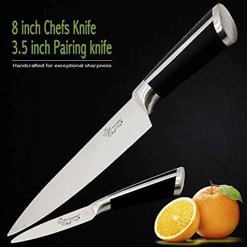 The Romantic Chef Professional ever sharp 8-inch Chefs Knife and 3.5-inch pairing knife. Kitchen Knives set. Cutlery.