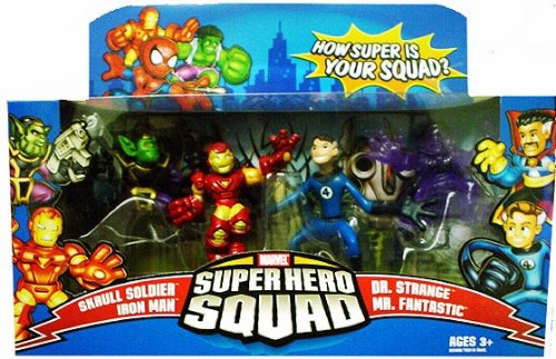  Super Hero Squad the Secret Invasion Begins -Iron Man, Skrull, Dr. Strange, Mr. Fantastic 4 Pack