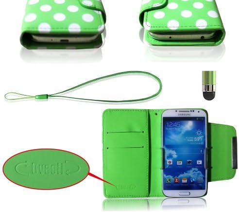 Dvacii (TM) (Green Polka Dot) Samsung Galaxy S4 Case Premium PU Leather Wallet Cover w/ wallet slots + Screen protector + Stylus