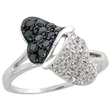14k White Gold Double Heart Diamond Ring, w/ 0.50 Carat Brilliant Cut White & Black Diamonds, 5/8 (16mm) wide