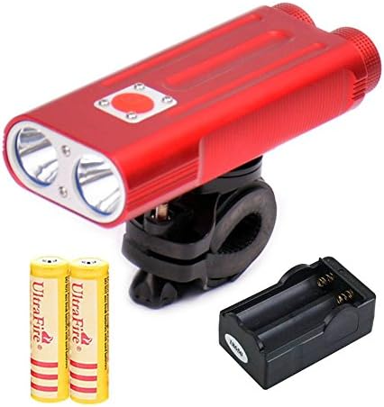 FirstRank Double Light Source CREE XM-T6 LED 1400LM 7 Modes Waterproof Rechargeable Bicycle Headlight Flashlight with Belt Clip (Red V2,with 2x18650 Batteries and Charger)