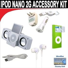 8 pc. Accessory kit for iPod Nano 2G. Includes White portable stereo speaker w/cable 3-in-1 iPod charging kit (1000mAH) White Mini soft Earbuds Reusable Pre-Cut Screen Protector and a DBROTH Microfiber Cleaning Cloth