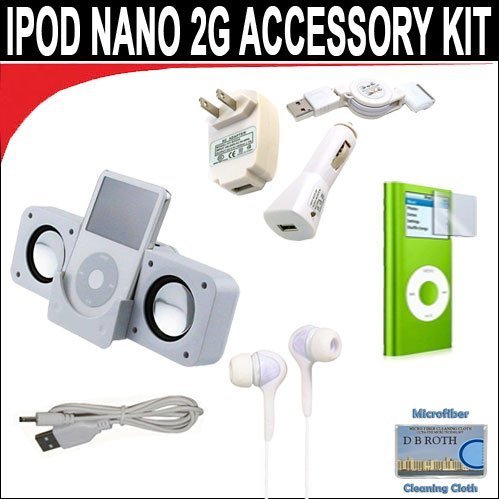8 pc. Accessory kit for iPod Nano 2G. Includes White portable stereo speaker w/cable 3-in-1 iPod charging kit (1000mAH) White Mini soft Earbuds Reusable Pre-Cut Screen Protector and a DBROTH Microfiber Cleaning Cloth