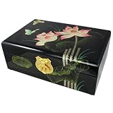 Black Lotus Flower Butterfly Hand Painted Lacquer Wood Jewelry Box