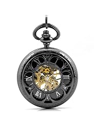 Tirio Antique Magic Roman Half Hunter Black Steel Hollow Skeleton Hand Wind Mechanical Pocket Watch