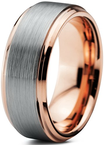 18K Rose Gold Plated Beveled Edge Brushed Polished Tungsten Wedding Band Ring 8mm Comfort Fit