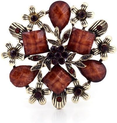 JADE Olines Antique Style Female Vintage Brass Plated Brown Rhinestones Crystals Pearls Flower Petals Leaves Brooches Pin Clips