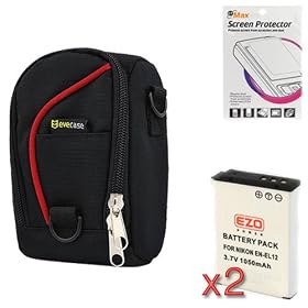EZOPower 2x Replacement Battery 1050mAh EZCBA20 + EveCase Large Digital Camera Pouch Nylon Case + LCD Screen Protector for Nikon CoolPix S9100, S6100, P300, S8200, S6200, AW100, S1200pj, P310, S9300, S6300 Digital Cameras