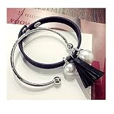 Darkey Wang New Fashion Personality Womens Fashionable Leather Tassel Pearl Metal Bangle Bracelet (Sliver)
