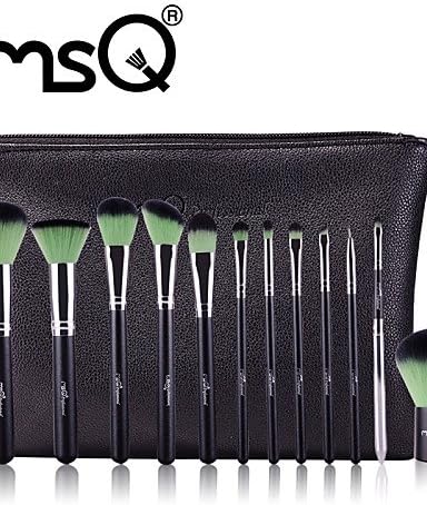Usw MSQ New 12pcs Makeup Brushes Set Alminium Ferrule Cosmetic Tool High Quality Synthetic Hair With PU Leather Case(Green)