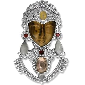 Tiger Eye Goddess Pin Pendant with Garnet, Moonstone, Quartz by Offerings Jewelry