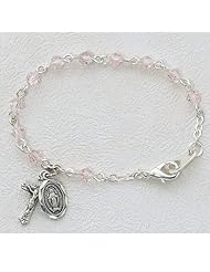 Sterling Silver 5 1/2" L Pink Rose Beads Baby Bracelet, Infant Jewlery, Girls Rosary Bracelet, Crucifix Cross & St. Mary Miraculous Medal Charms