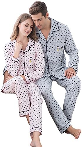 Merijun Cozy Long Sleeve Matching Couples Cotton Men's Women's Pajamas Set Pink Medium