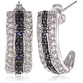 Sterling Silver Gun Metal Color Genuine Sapphire and Topaz Black and White J-Hoop Earrings
