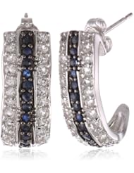 Sterling Silver Gun Metal Color Genuine Sapphire and Topaz Black and White J-Hoop Earrings