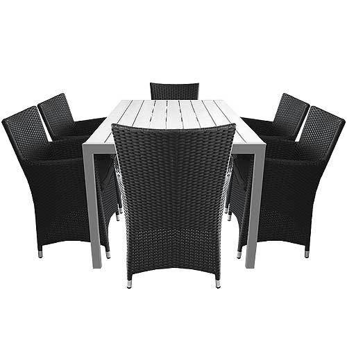 7tlg. Gartengarnitur Alu/Non Wood Tisch 150×90cm + Rattansessel in Schwarz