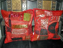 2 Gorgeous Red Black Patch-work Vintage Sari Pillow Cushion Covers From India